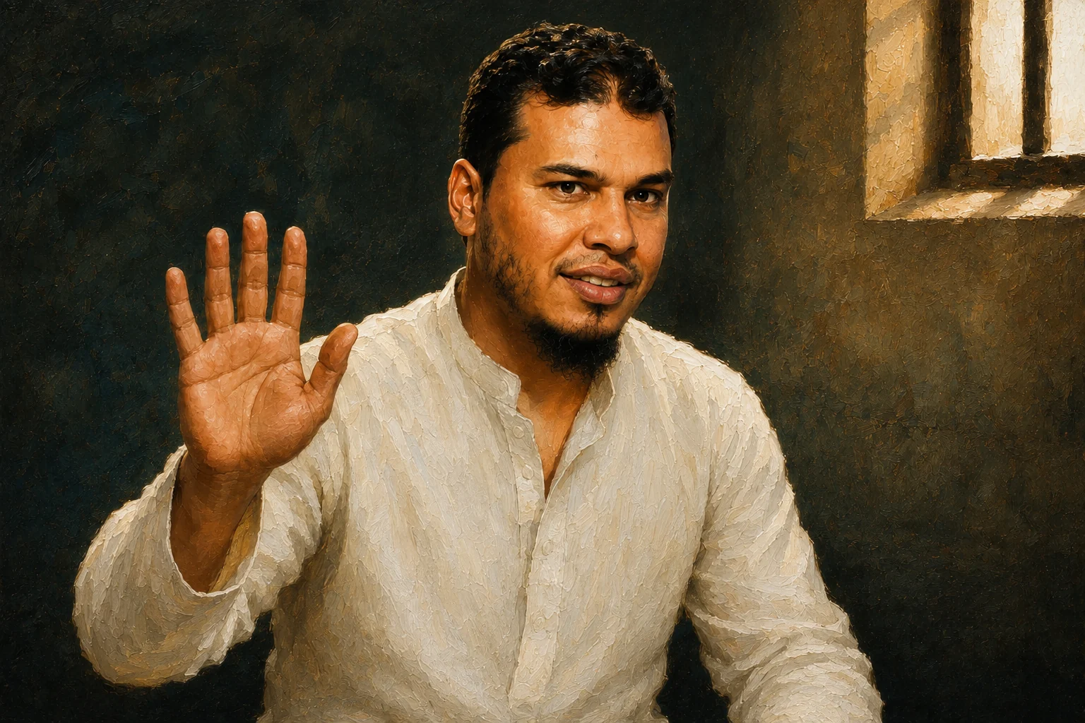خالد حربي جالسًا بملابس بيضاء يرفع كفه في تحية من داخل سجنه