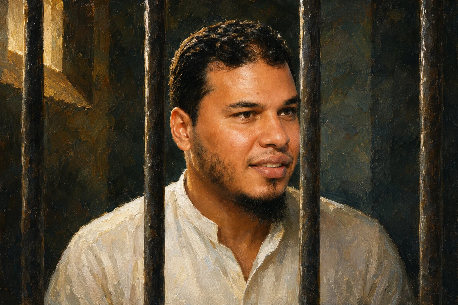 خالد حربي مبتسمًا بملابس بيضاء خلف القضبان
