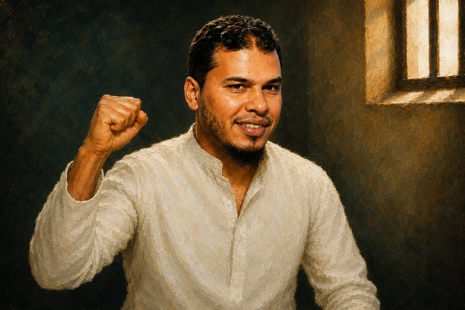 خالد حربي مبتسمًا بملابس بيضاء داخل السجن يرفع قبضته بقوة وثبات